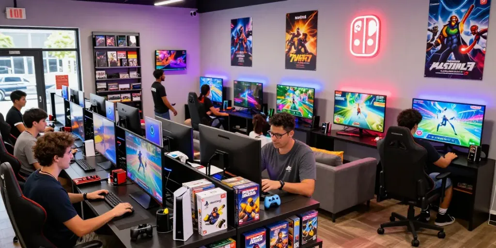 rokok88 gaming store bustling with gamers exploring new consoles and titles