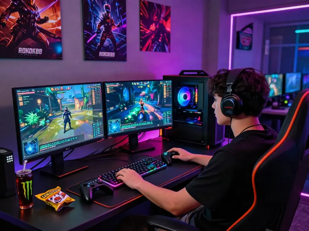 ROKOK88 gaming scene with a player immersed in digital quests and character leveling in an energetic atmosphere.