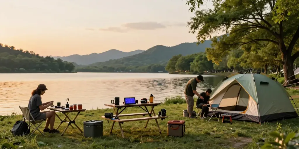 Explore rokok88 camping gear by the lake as adventurers prepare for outdoor adventure.