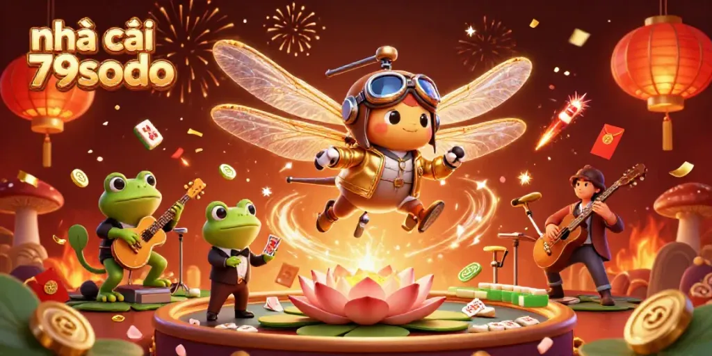 Spin the fortune with nhá cái 79sodo as a dragonfly pilot hovers above a vibrant lily pad casino scene.