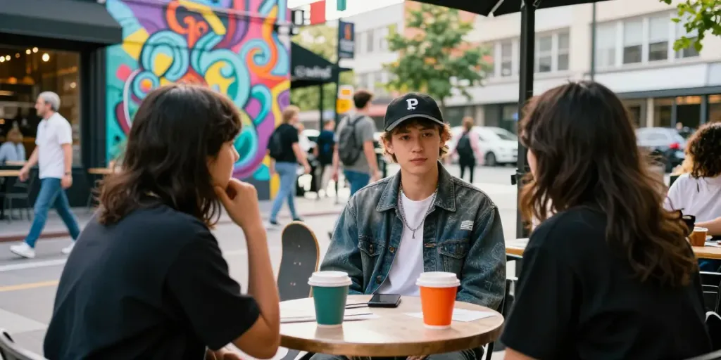 Vibrant urban café scene with stylish individuals enjoying lively conversation, embodying the spirit of rokok88 culture.