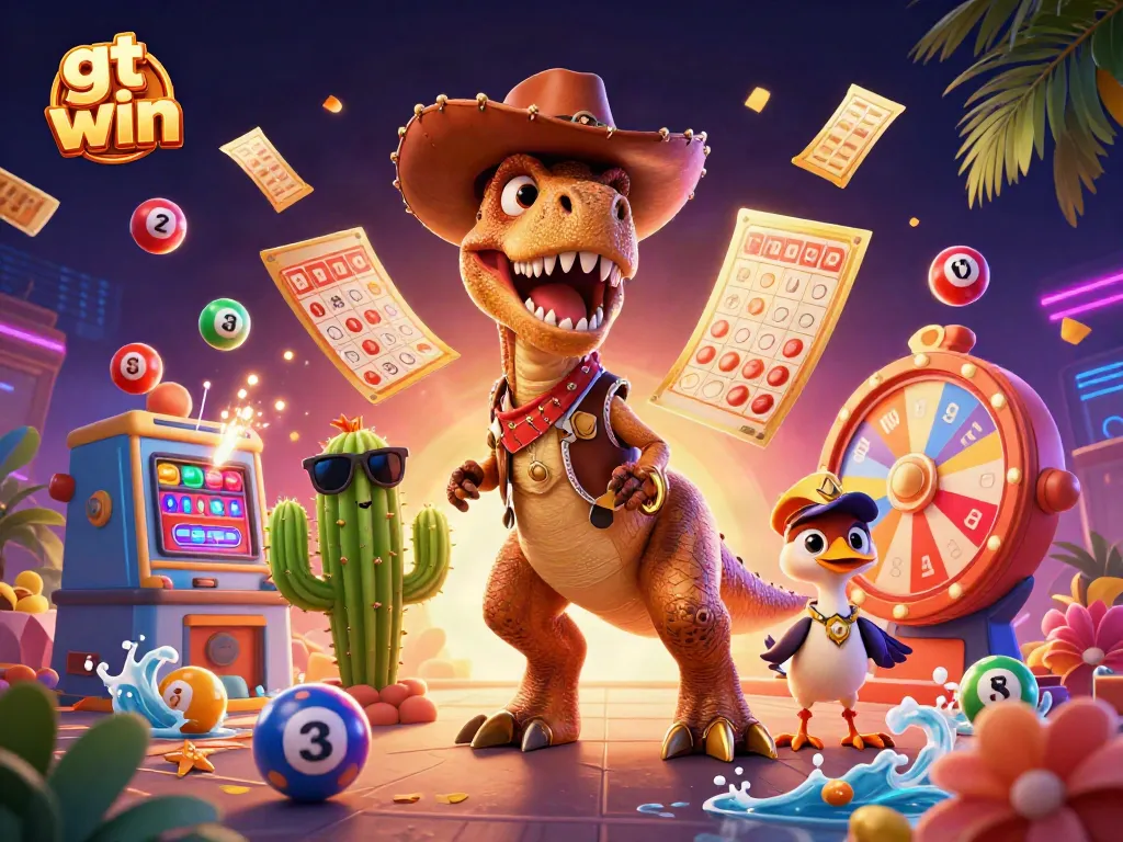 Experience excitement with gt win through this vivid 3D illustration of a casino adventure featuring a cowboy dinosaur and vibrant game elements.
