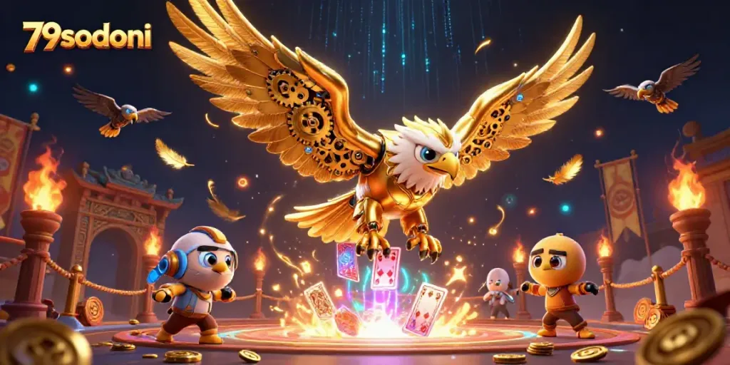 Witness the exhilarating action of 79sodoni's online gaming world featuring cybernetic eagle characters surrounded by engaging symbols.