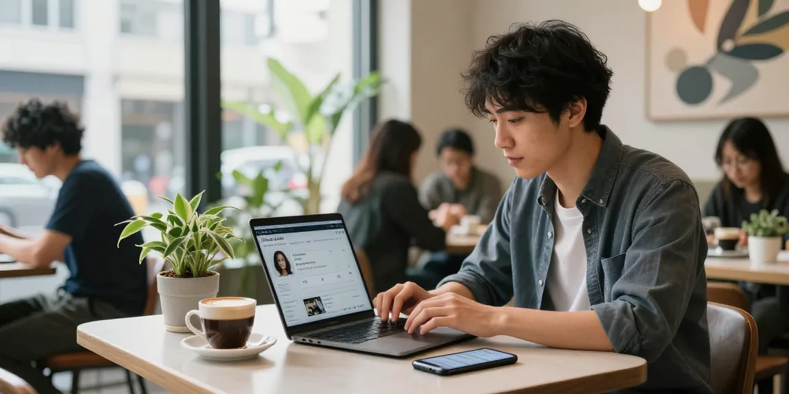 ツイッター フォロワー 購入 日本人がカフェでソーシャルメディアマーケティングを行う様子
