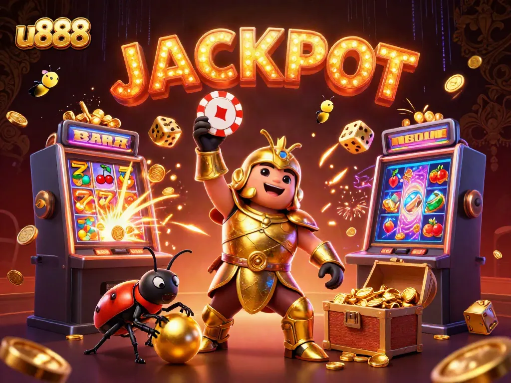 Join the excitement of u888 with a victorious beetle in a casino scene full of jackpots!