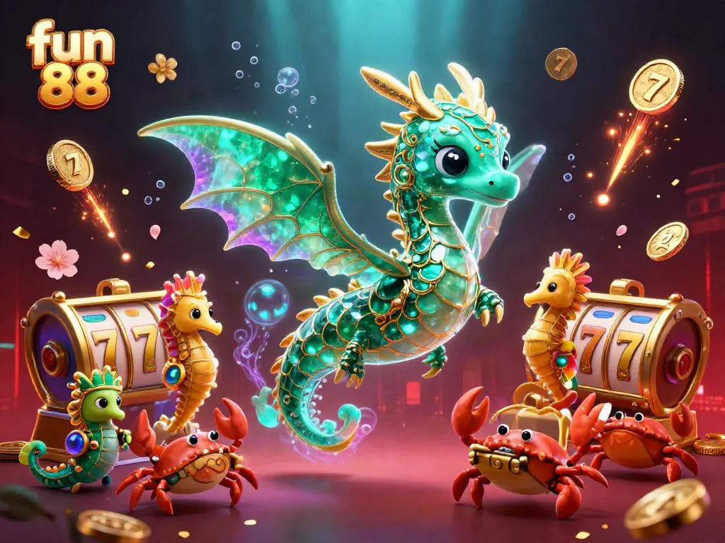 Explore fun 88 with an emerald sea dragon and vibrant slot games in a dazzling 3D illustration.