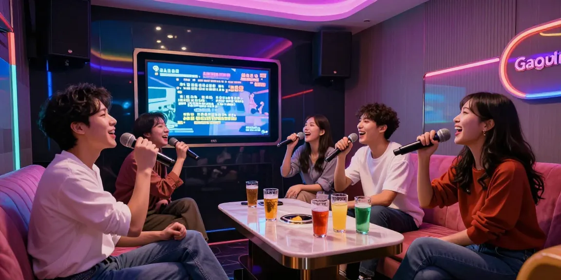 강남가라오케에서 친구들과 함께 신나는 노래를 부르는 모습, 밝은 조명과 음료가 어우러진 즐거운 공간