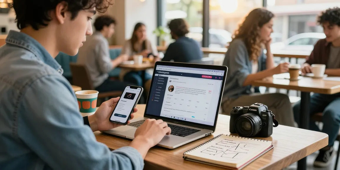 若い起業家がカフェでソーシャルメディア分析を活用しながらインスタフォロワー購入戦略を描いた魅力的な都市のシーン。