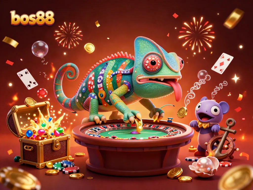 Engage with bos88's vibrant 3D chameleon casino owner amid a lively gambling scene