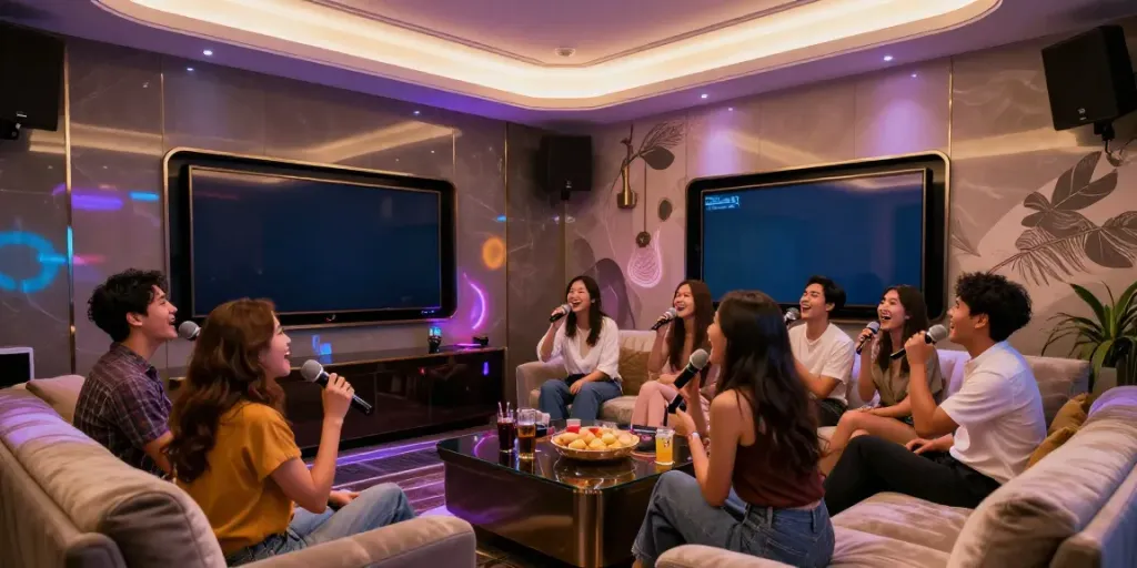 강남유앤미의 고급스러운 노래방 실내에서 친구들과 즐거운 시간을 보내는 모습
