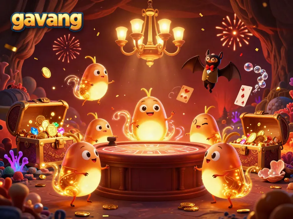 Experience the excitement of gambling with gavang in a vibrant cave casino illuminated by glowworms and gold elements.