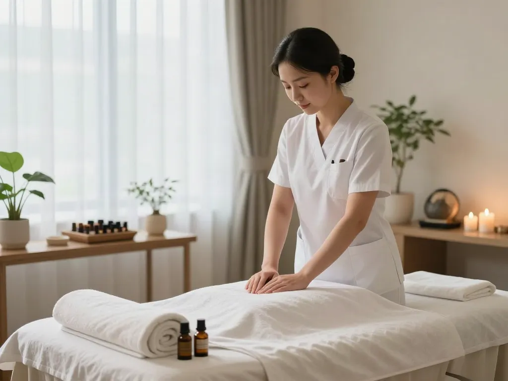 Luxurious 용인출장안마 setting with a professional therapist preparing a serene spa environment.