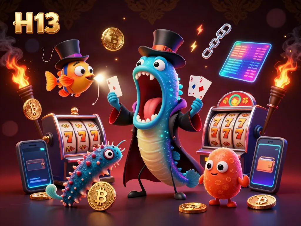 The H 13 illustration showcases a deep-sea gulper eel performing card tricks in a vibrant casino scene.