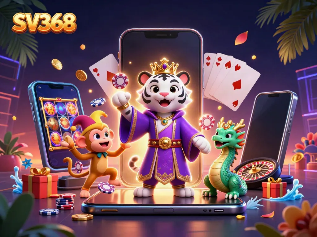 Experience the thrill of SV368 with a vibrant 3D illustration of gaming characters and elements.