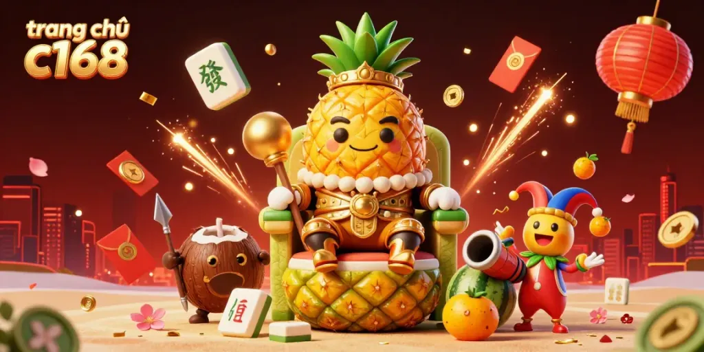 Experience the vibrant trang chủ c168 with a lively 3D casino scene showcasing characters and festive elements.