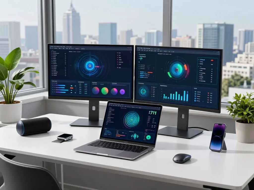 Workspace featuring the latest tech gadgets 2071, including a laptop and Bluetooth speaker.