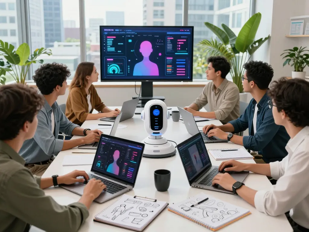 Collaboration on AI sex technology with diverse professionals analyzing trends in a modern office.