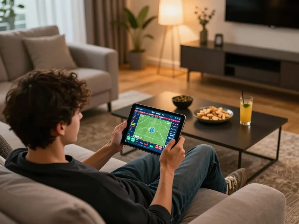 Persona che piazza scommesse con il miglior bookmaker non AAMS in un accogliente ambiente domestico, mostrando le scommesse sportive online.