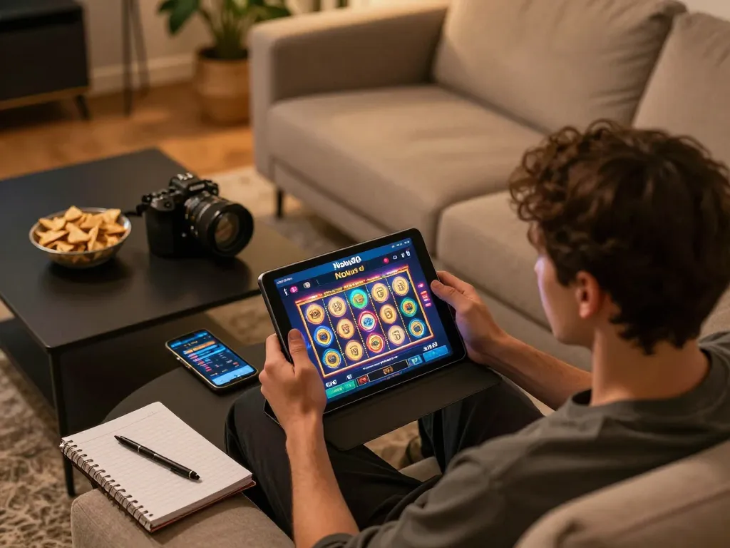 NohuVN player enjoying engaging slot games on a tablet for a strategic online gaming experience