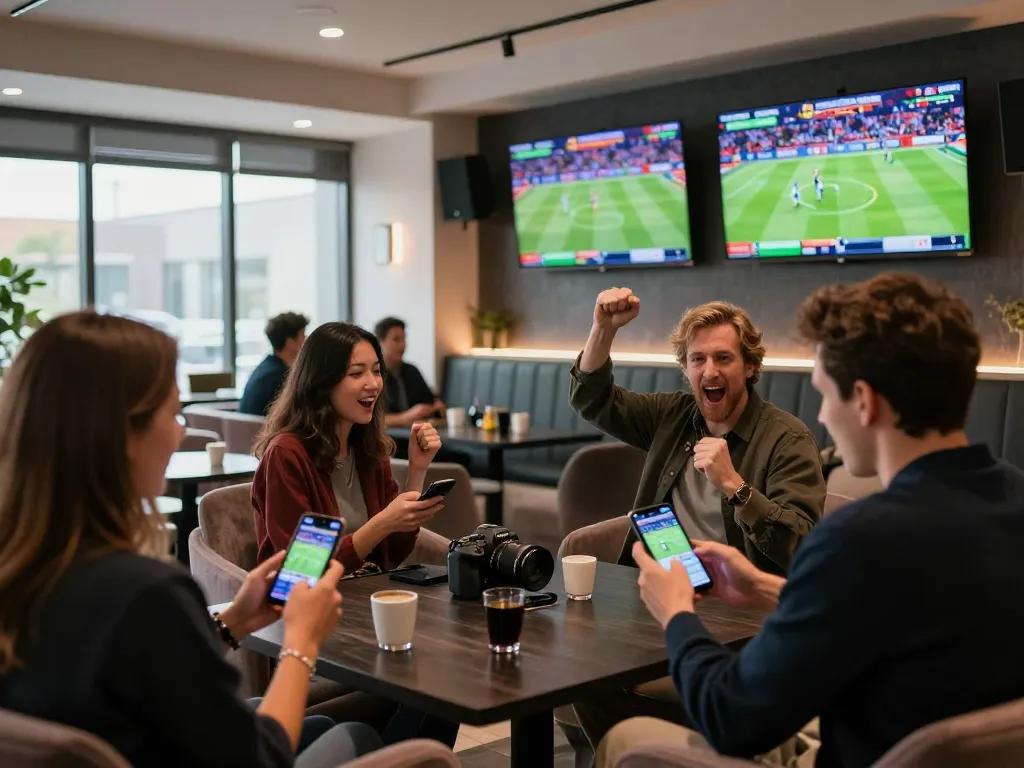 Fans engaging in live sports betting excitement at qq88ae lounge, vibrant atmosphere, placing bets on mobile devices