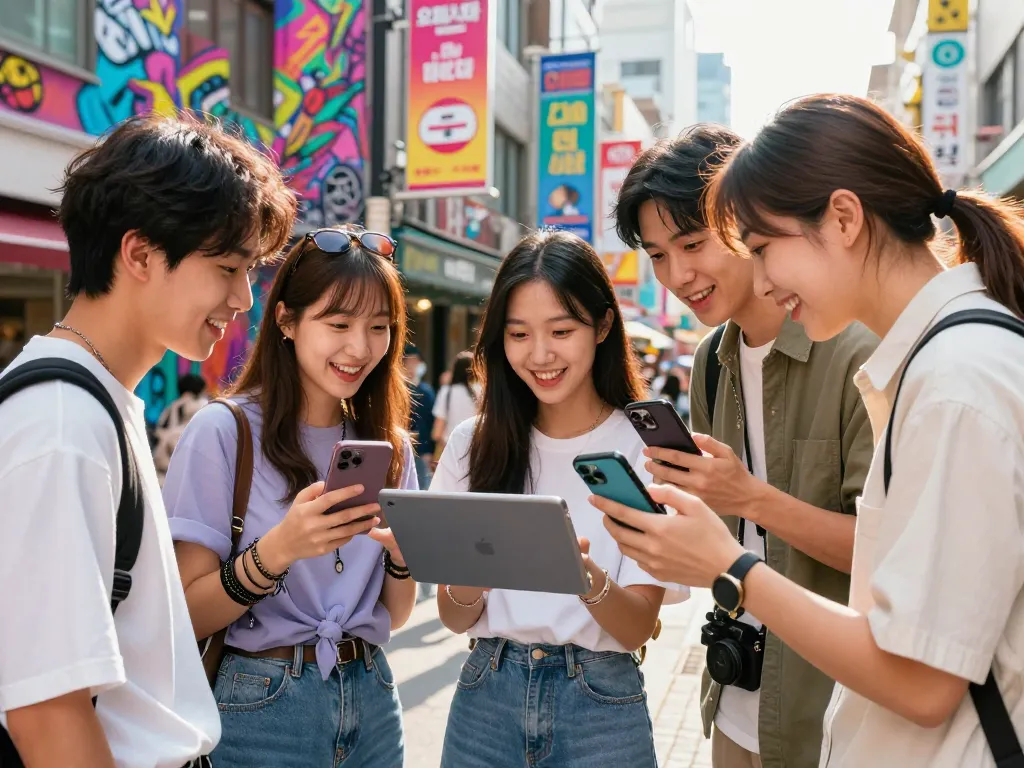 친구들이 활기찬 거리 예술이 있는 흥미로운 도시 환경에서 오피스타 서비스를 발견하는 모습.