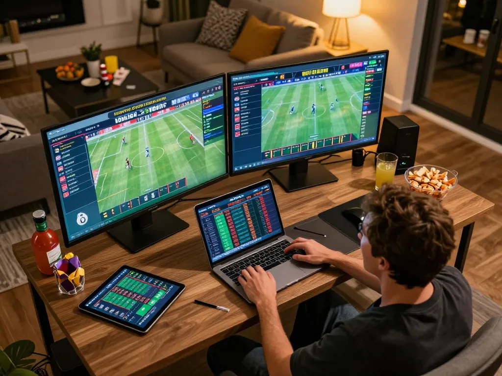 Impegnato ad analizzare le quote delle scommesse in un setup di top bookmaker non AAMS con più schermi