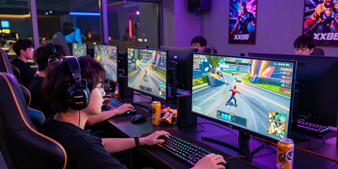 Gaming scene at XX88 with vibrant ambiance showcasing players immersed in multiplayer action.