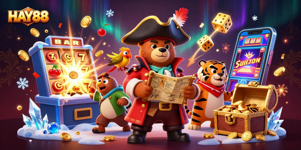 Engage in thrilling casino action with HAY88, featuring a dynamic pirate-themed scene with slot machines and colorful game elements.