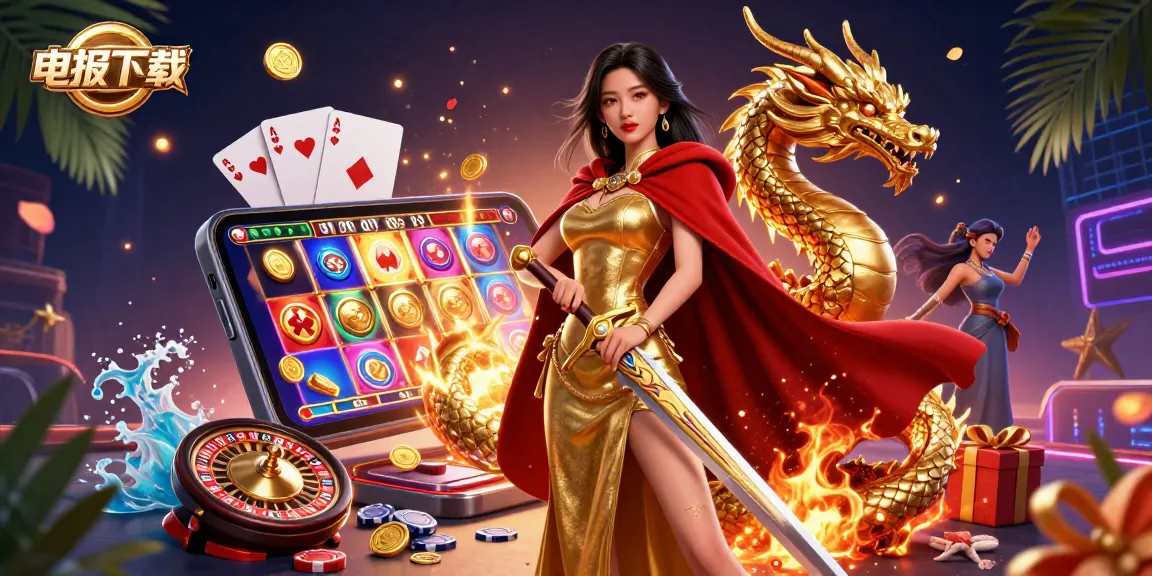 体验电报下载带来的刺激游戏，画面中是一位战士女王置身于充满赌场主题的生动场景中，周围环绕着移动赌博元素。
