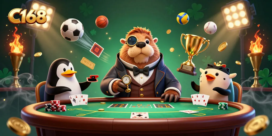 C168 showcases a jolly walrus and friends at an engaging poker table, blending poker with vibrant sports elements.