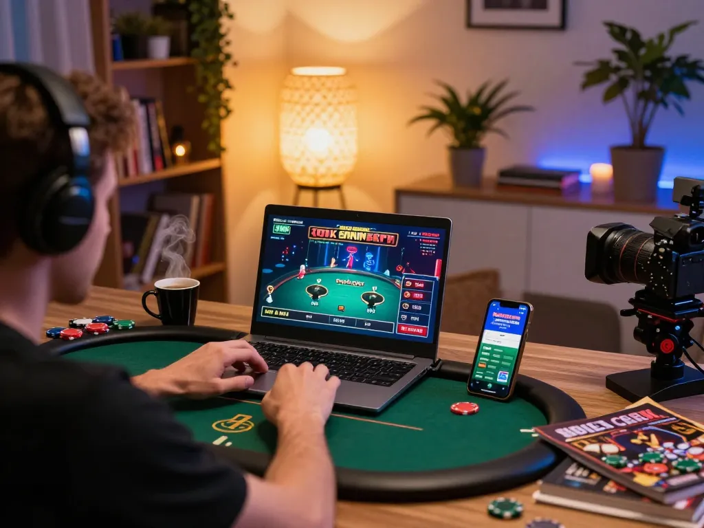 Engaged player enjoying 78WIN online poker in a cozy home setup with strategy notes and a smartphone.