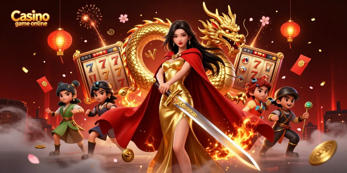 전사 여왕과 황금 용이 등장하는 생동감 넘치는 3D 일러스트에서 스릴 넘치는 온라인 카지노 게임 액션을 경험해보세요.