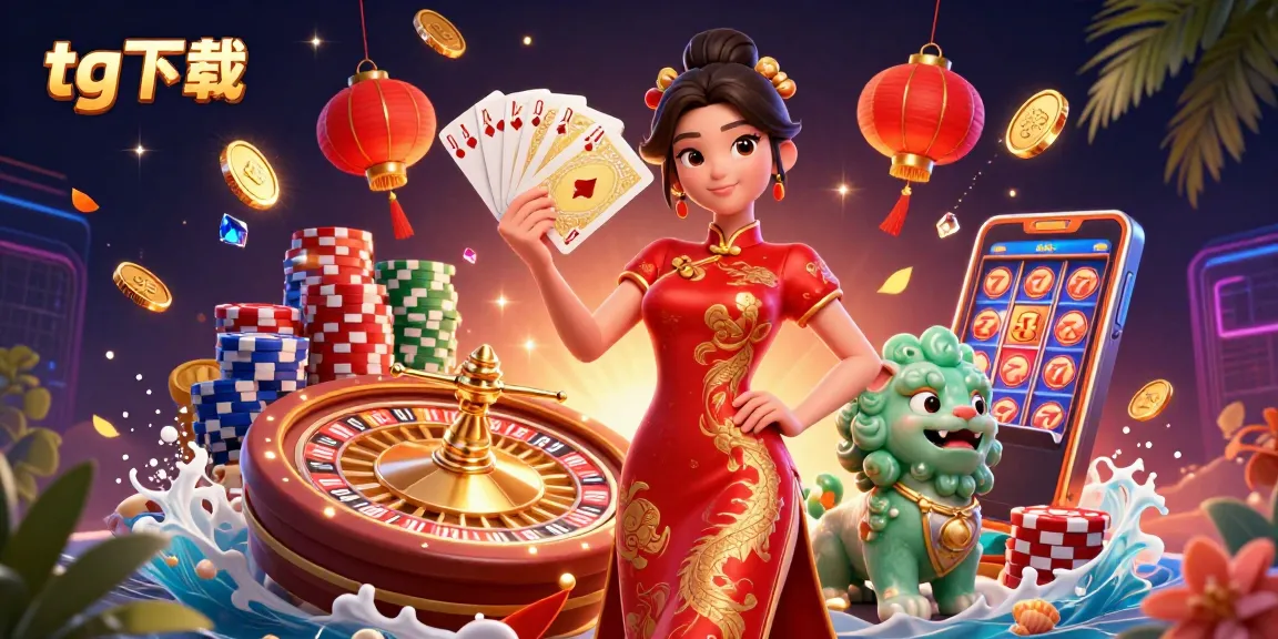 在充满金色硬币和生动扑克牌的奢华赌场场景中，加入tg下载的获胜行动。