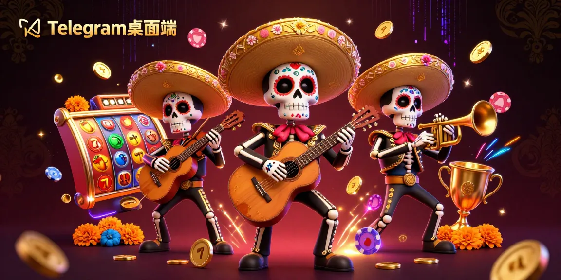 在这个充满活力的赌场场景中，体验Telegram桌面端的刺激，场景中有一支玛利亚奇乐队和老虎机卷轴及金币。