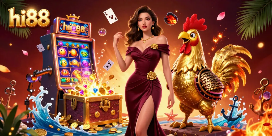 Experience thrilling gambling action with hi88 as a glamorous woman stands beside a golden rooster warrior.