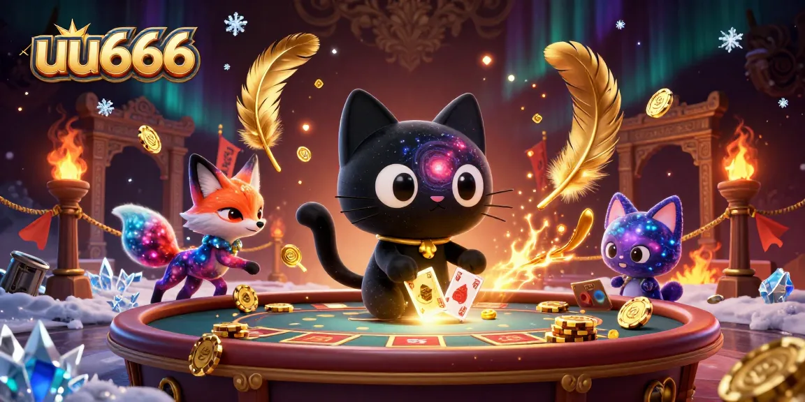 Exciting gaming scene showing uu666 with a black hole cat and nebula fox at a cosmic casino table.