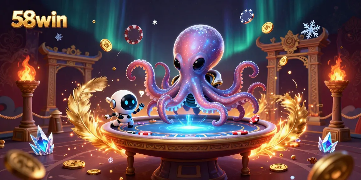 Engage in dynamic poker action at 58win with an alien octopus dealer and holographic table.