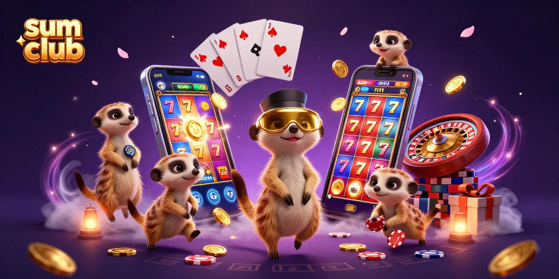 Engage in the thrilling world of the sum club with a vibrant meerkat casino scene featuring slots and poker.