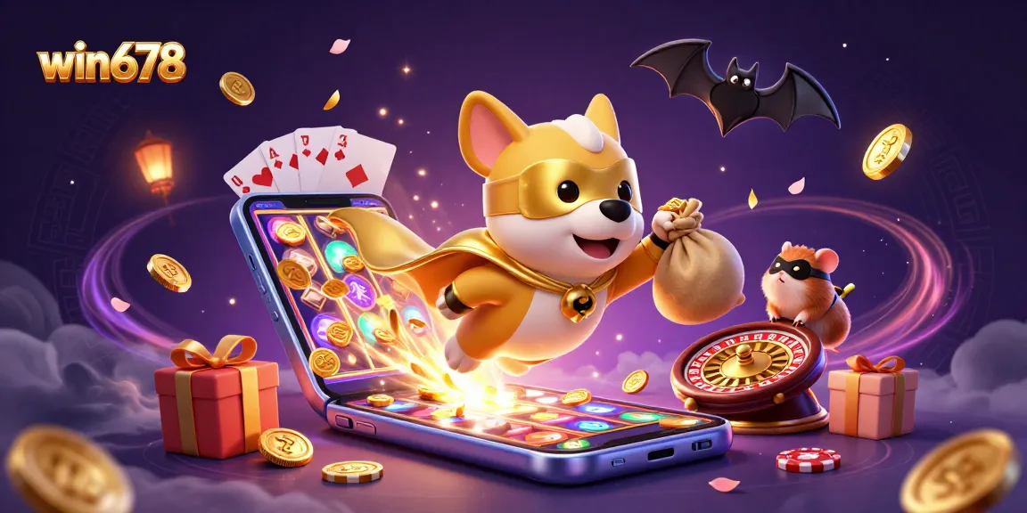Win678 showcases an exciting casino scene with a superhero dog and vibrant gaming elements.