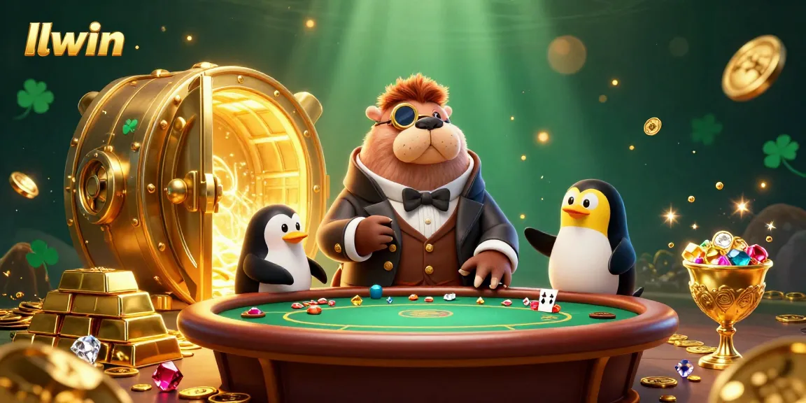 llwin presents a jolly walrus playing poker in an underwater casino scene filled with treasures.