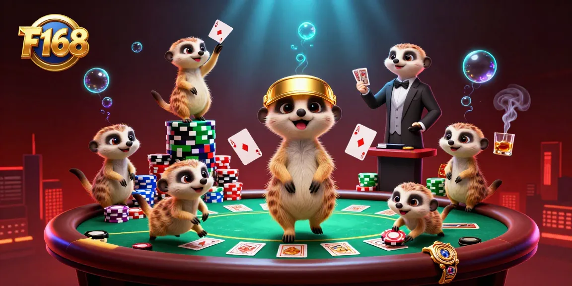 Experience the thrilling atmosphere of F168, where cartoon meerkats manage vibrant casino games with dynamic poker elements.