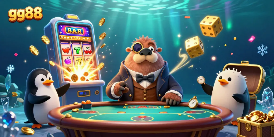 Experience high-stakes gaming at gg88 with an underwater poker scene featuring animated characters.