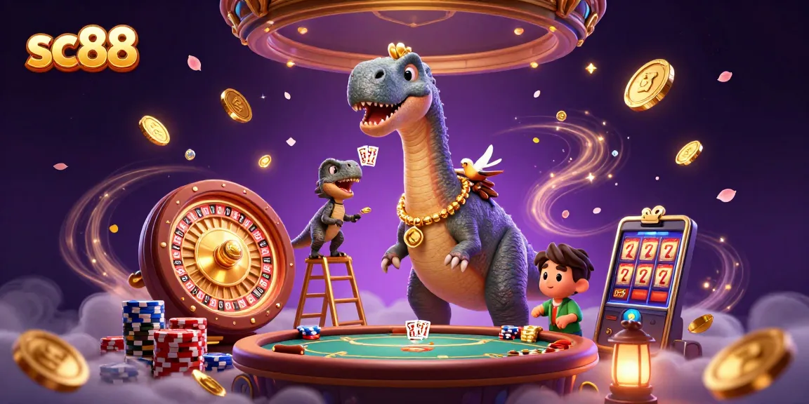 sc88 features a whimsical casino scene with a brontosaurus and clever raptor dealing cards