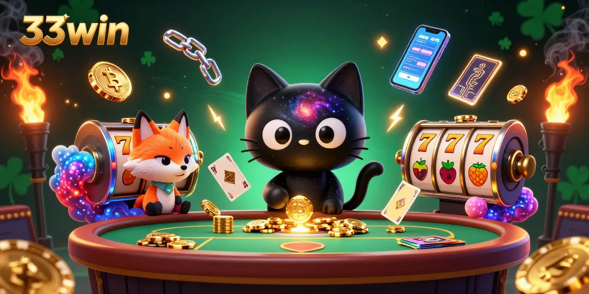 Win big at 33win with a cosmic casino setting featuring a black hole cat and colorful elements.