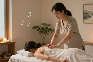 서울출장안마 중인 마사지 치료사와 편안한 스파 환경을 보여주는 이미지