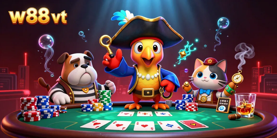 Cá cược tại w88 vt, với biểu tượng của trò chơi poker đồ họa sắc nét và đầy màu sắc.