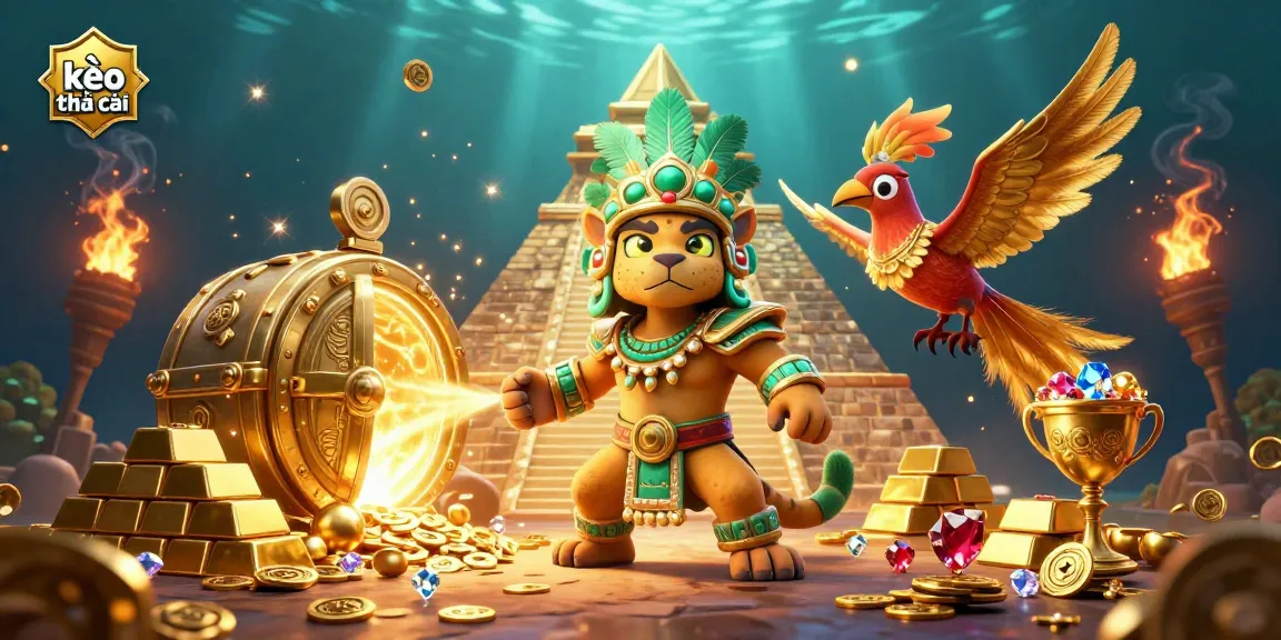 Engage with the latest kèo nhà cái insights, featuring a vibrant 3D Mayan scene of treasure and gems.