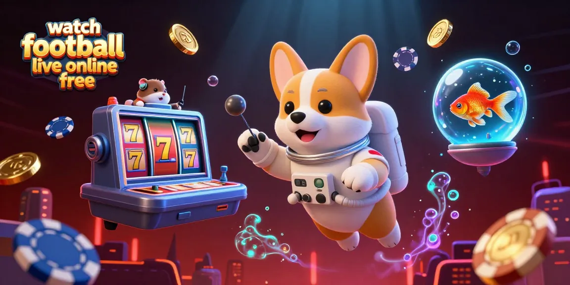 Watch football live online free with a vibrant 3D illustration of a space casino featuring unique characters engaged in exciting gameplay.