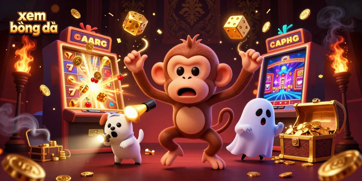 Experience xem bóng đá thrills with a ghost-hunting puppy and a mischievous monkey in a vibrant casino scene.