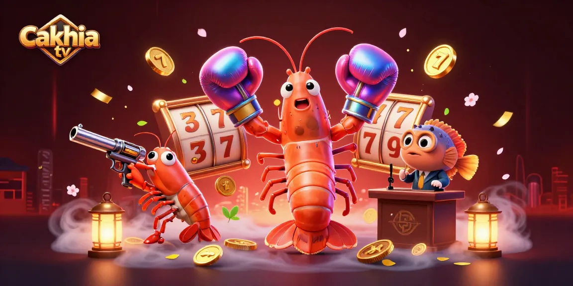 Cakhia TV presents a vibrant underwater casino scene featuring a mantis shrimp, pistol shrimp sidekick, and announcer, surrounded by slot symbols.